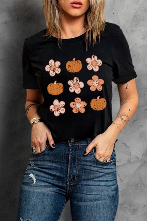 Festive Pumpkin Floral Graphic Print Short Sleeve Tee