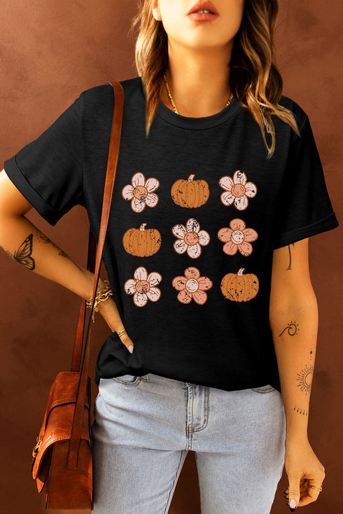 Festive Pumpkin Floral Graphic Print Short Sleeve Tee