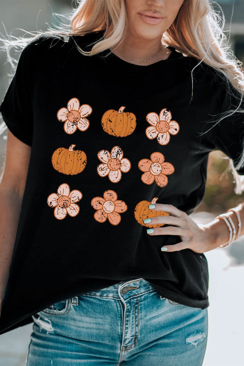 Festive Pumpkin Floral Graphic Print Short Sleeve Tee