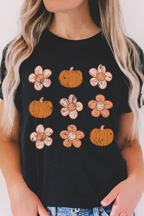 Festive Pumpkin Floral Graphic Print Short Sleeve Tee