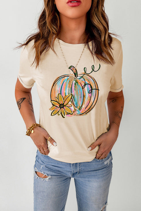 Festive Pumpkin Floral Graphic Print Tee Shirt
