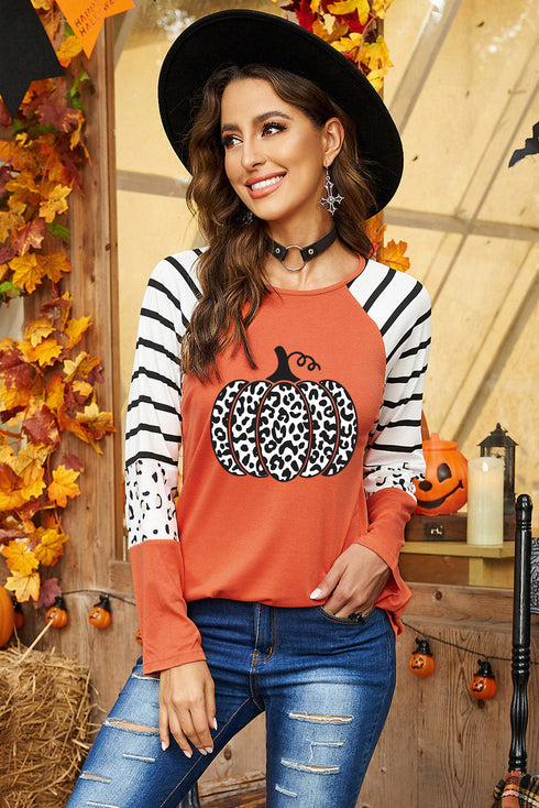 Festive Pumpkin Graphic Leopard Print Long Sleeve Tee
