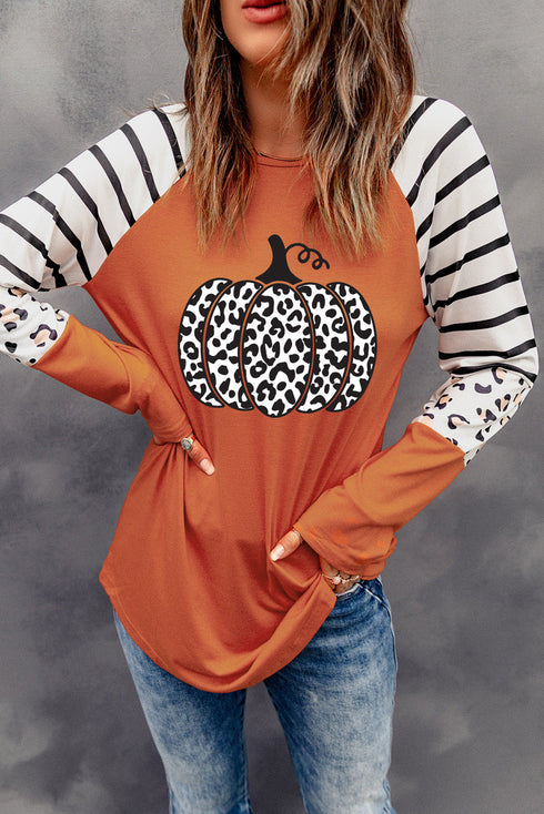 Festive Pumpkin Graphic Leopard Print Long Sleeve Tee