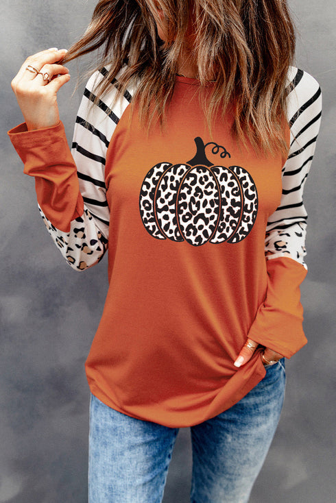 Festive Pumpkin Graphic Leopard Print Long Sleeve Tee