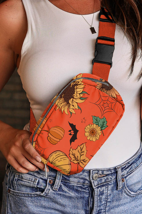 Festive Pumpkin Sunflower Graphic Print Canvas Crossbody Bag