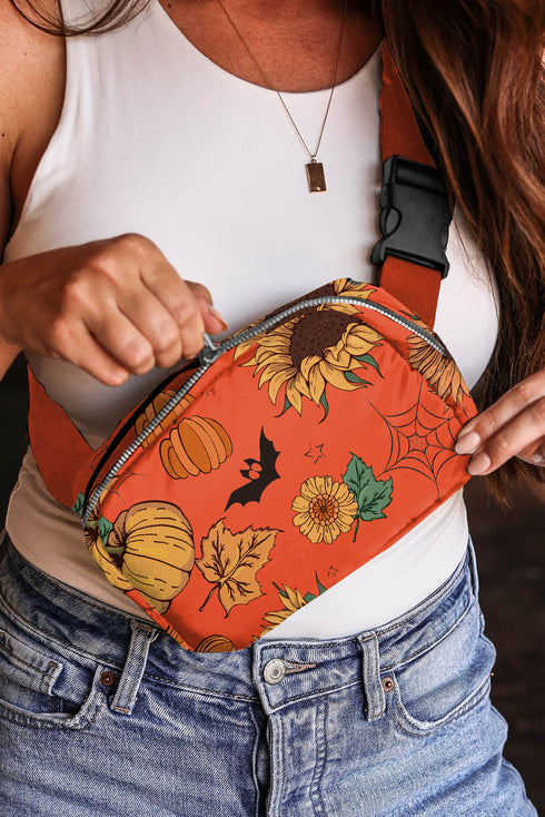 Festive Pumpkin Sunflower Graphic Print Canvas Crossbody Bag