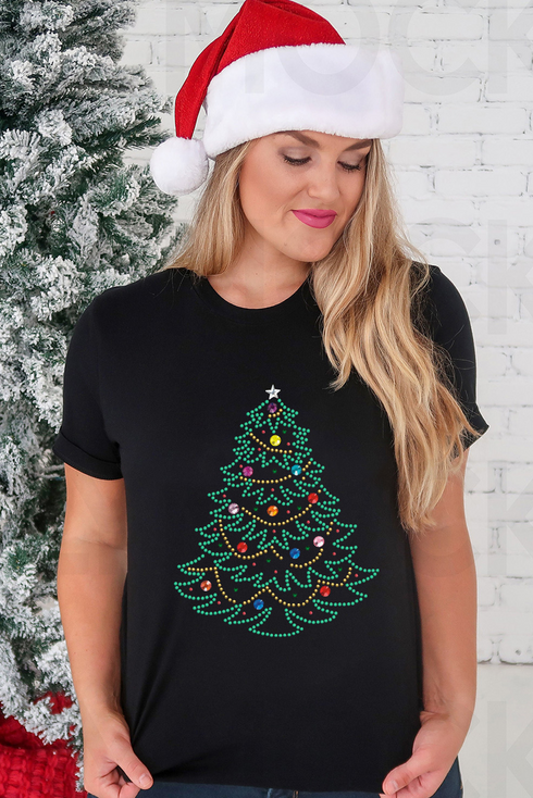 Festive Rhinestone Tree Graphic Short Sleeve Tee