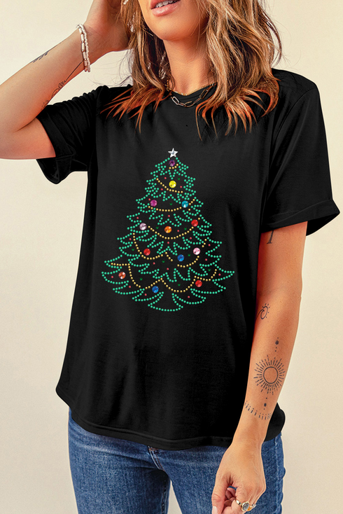 Festive Rhinestone Tree Graphic Short Sleeve Tee