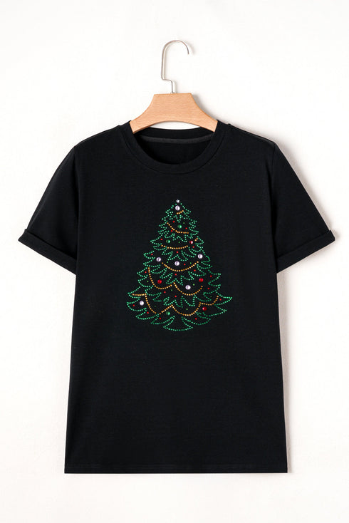 Festive Rhinestone Tree Graphic Short Sleeve Tee