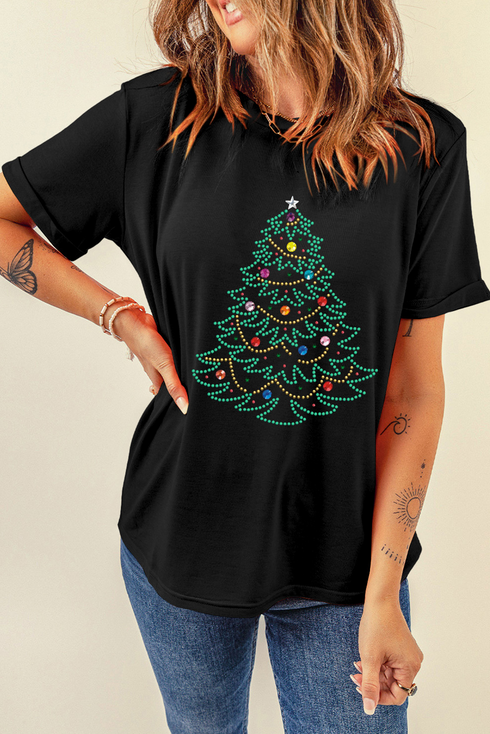 Festive Rhinestone Tree Graphic Short Sleeve Tee