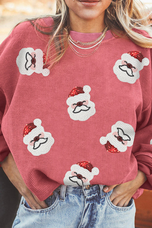 Festive Santa Motif Ribbed Texture Crew Neck Sweatshirt