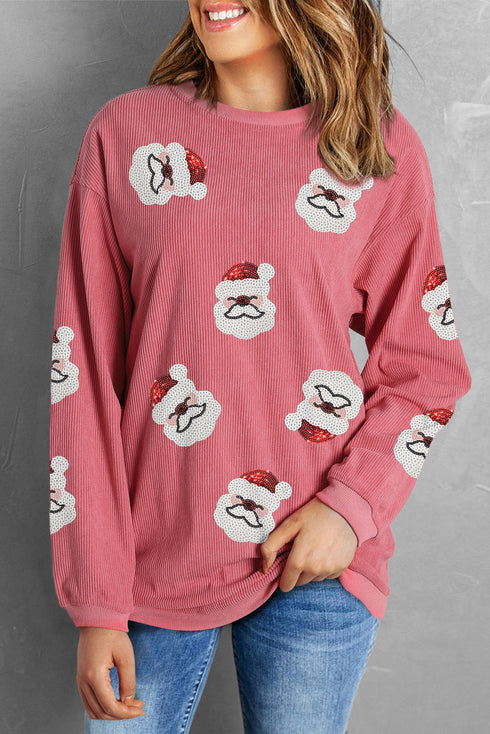 Festive Santa Motif Ribbed Texture Crew Neck Sweatshirt