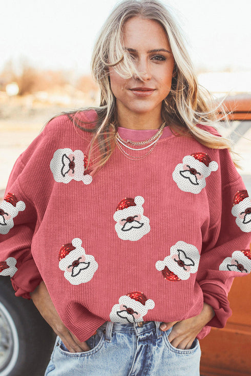 Festive Santa Motif Ribbed Texture Crew Neck Sweatshirt
