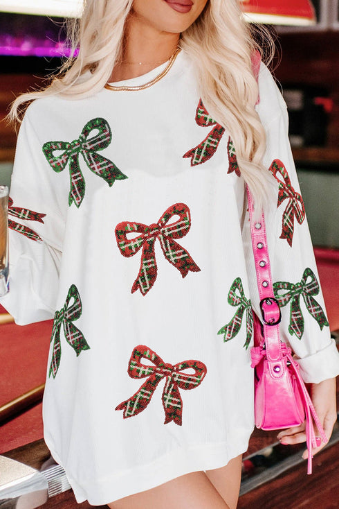 Festive Sequin Bow Oversized Corded Crewneck Sweatshirt