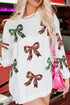 Festive Sequin Bow Oversized Corded Crewneck Sweatshirt