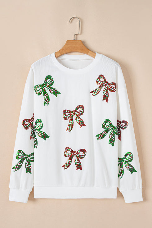 Festive Sequin Bow Oversized Corded Crewneck Sweatshirt