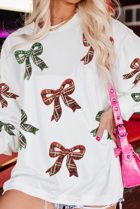 Festive Sequin Bow Oversized Corded Crewneck Sweatshirt