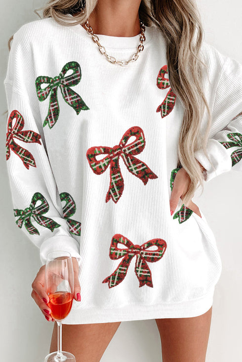 Festive Sequin Bow Oversized Corded Crewneck Sweatshirt