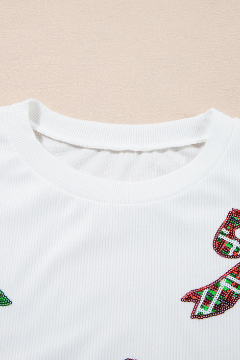 Festive Sequin Bow Oversized Corded Crewneck Sweatshirt