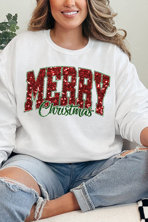 Festive Sequin Graphic Crew Neck Holiday Sweatshirt