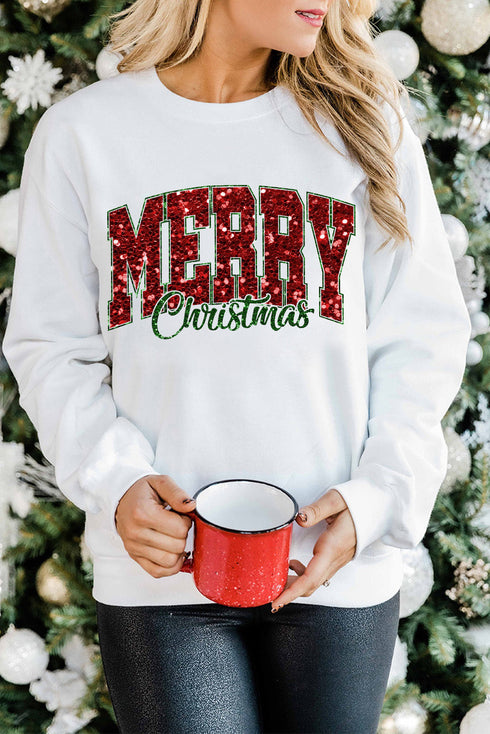 Festive Sequin Graphic Crew Neck Holiday Sweatshirt