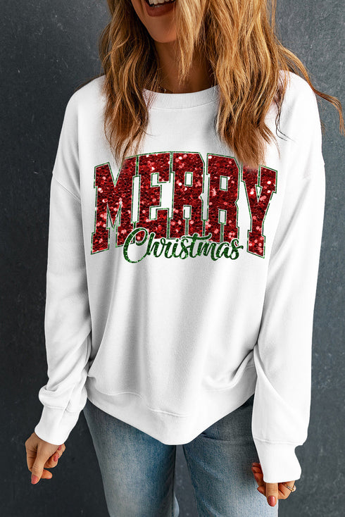 Festive Sequin Graphic Crew Neck Holiday Sweatshirt