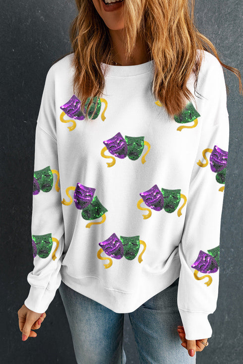 Festive Sequin Mask Graphic Pullover Sweatshirt
