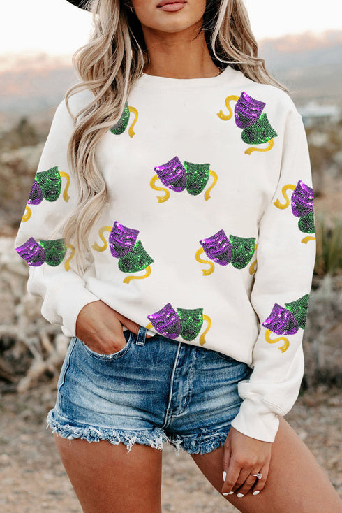 Festive Sequin Mask Graphic Pullover Sweatshirt