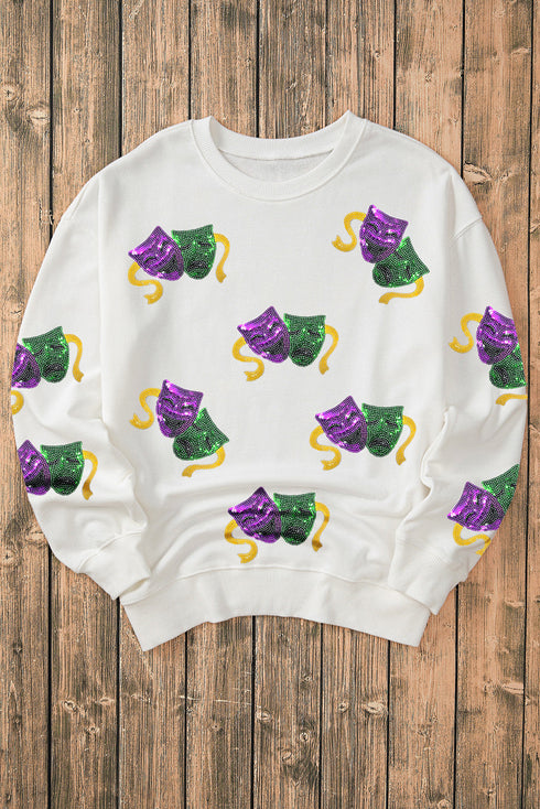 Festive Sequin Mask Graphic Pullover Sweatshirt