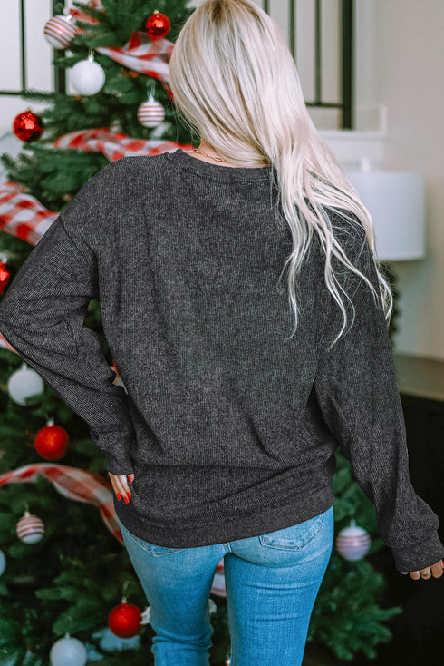 Festive Sequin Patch Corded Knit Holiday Sweatshirt