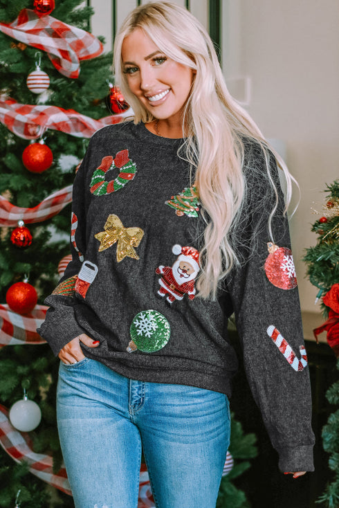 Festive Sequin Patch Corded Knit Holiday Sweatshirt