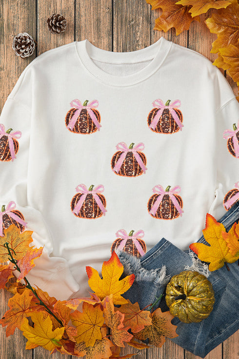 Festive Sequin Pumpkin Bow Embellished All Over Print Sweatshirt