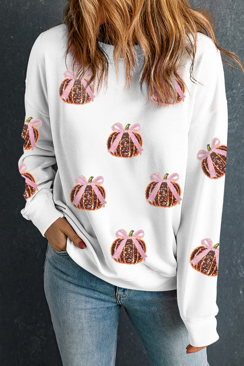 Festive Sequin Pumpkin Bow Embellished All Over Print Sweatshirt