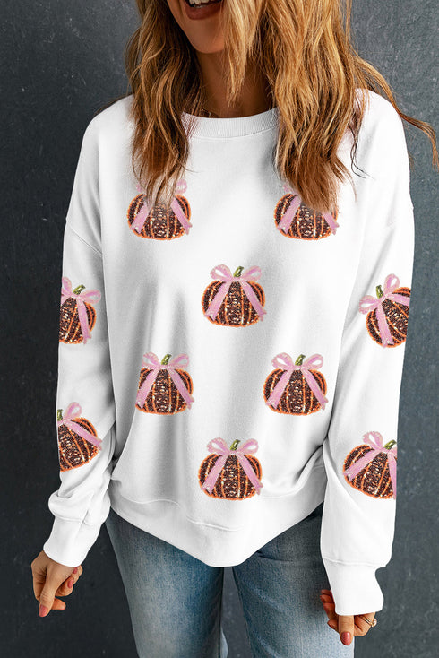 Festive Sequin Pumpkin Bow Embellished All Over Print Sweatshirt