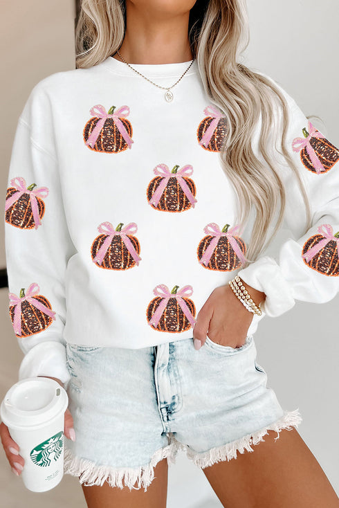 Festive Sequin Pumpkin Bow Embellished All Over Print Sweatshirt