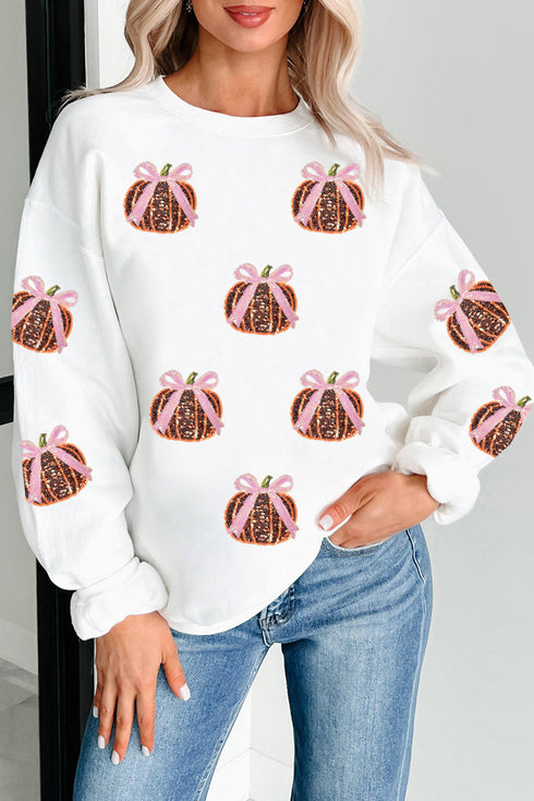 Festive Sequin Pumpkin Bow Embellished All Over Print Sweatshirt