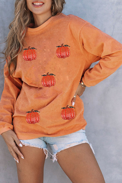 Festive Sequin Pumpkin Patch Corduroy Crew Neck Pullover