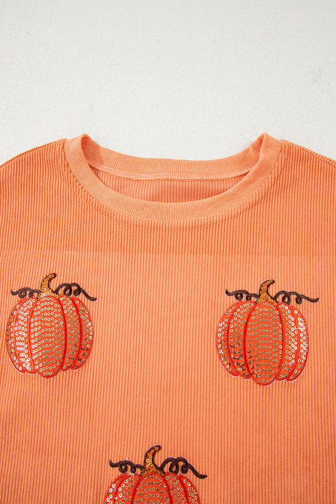 Festive Sequin Pumpkin Patch Corduroy Crew Neck Pullover