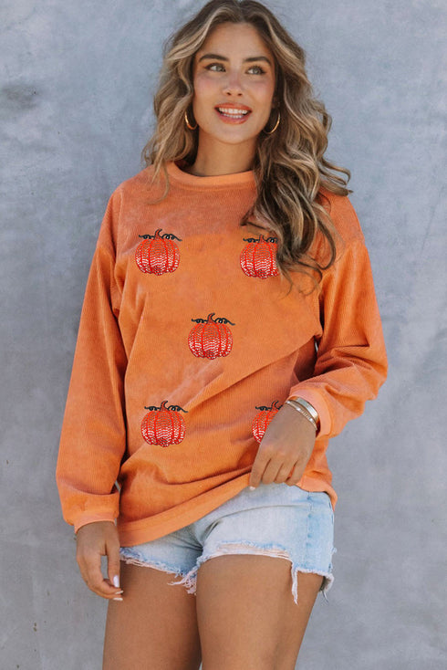 Festive Sequin Pumpkin Patch Corduroy Crew Neck Pullover