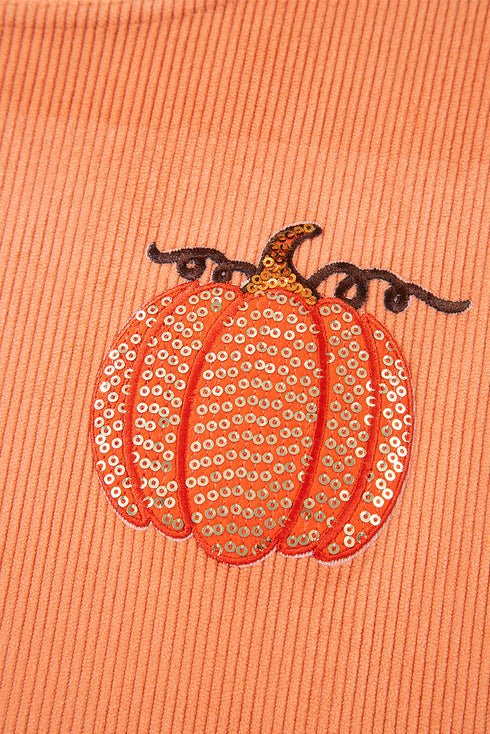 Festive Sequin Pumpkin Patch Corduroy Crew Neck Pullover