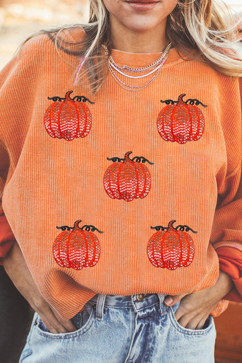 Festive Sequin Pumpkin Patch Corduroy Crew Neck Pullover