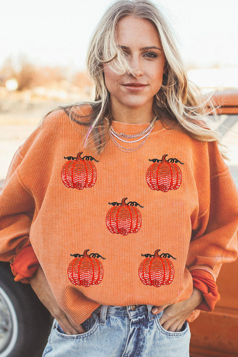 Festive Sequin Pumpkin Patch Corduroy Crew Neck Pullover