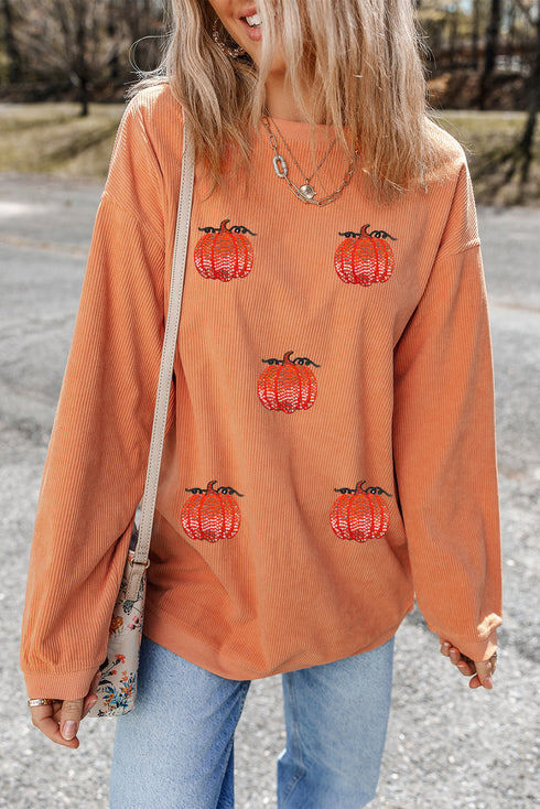 Festive Sequin Pumpkin Patch Corduroy Crew Neck Pullover