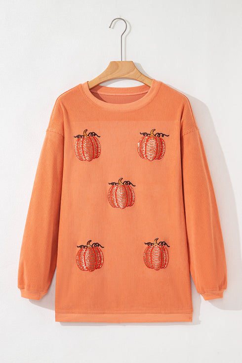 Festive Sequin Pumpkin Patch Corduroy Crew Neck Pullover