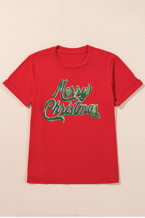 Festive Sequin Script Merry Christmas Graphic T-shirt