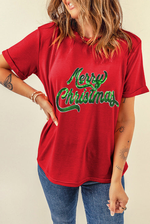 Festive Sequin Script Merry Christmas Graphic T-shirt