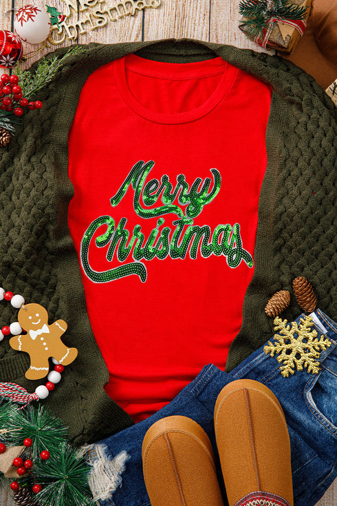 Festive Sequin Script Merry Christmas Graphic T-shirt