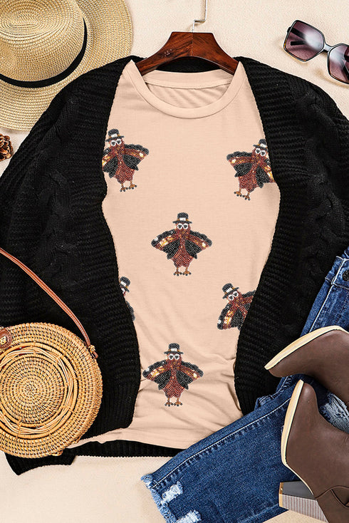 Festive Sequin Turkey Patch Crew Neck Graphic Tee