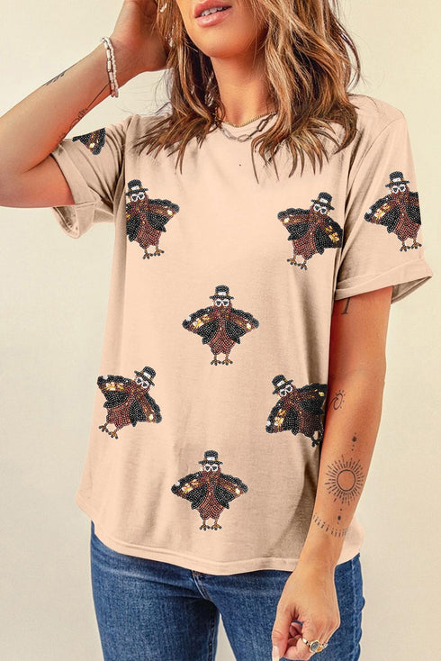 Festive Sequin Turkey Patch Crew Neck Graphic Tee