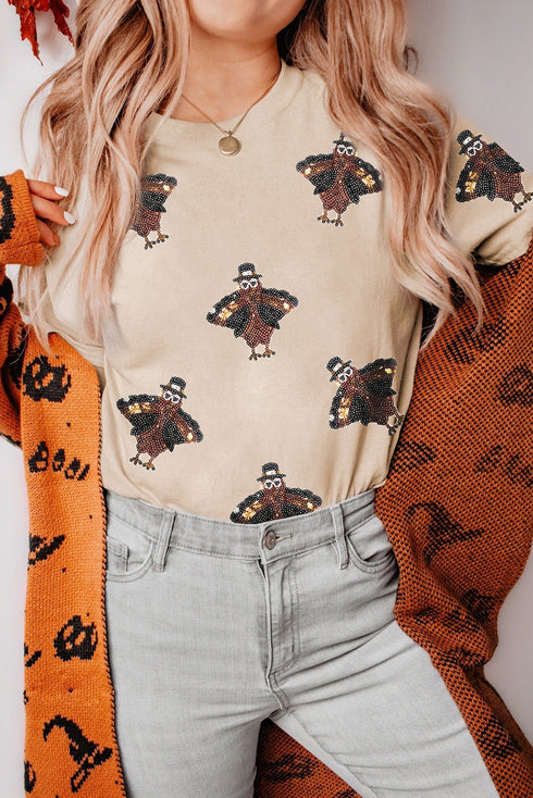 Festive Sequin Turkey Patch Crew Neck Graphic Tee